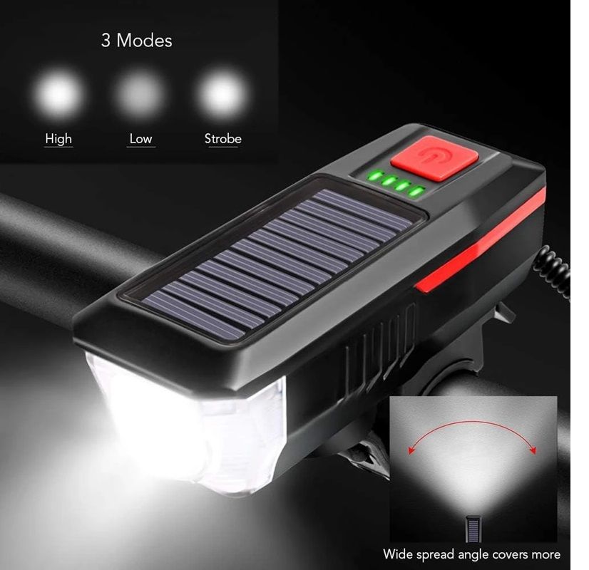 Bisiklet Solar Korna Işık 3 Mod 120 Desibel 350 Lümen Bisiklet Işığı Bisiklet Kornası 2in1