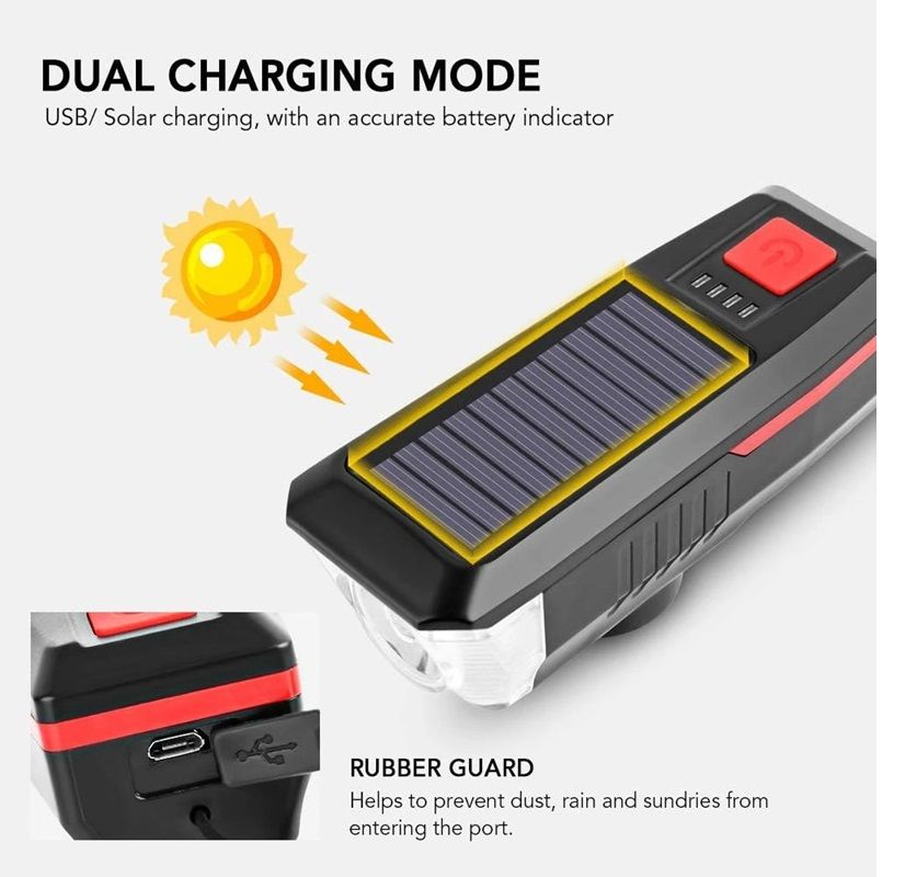 Bisiklet Solar Korna Işık 3 Mod 120 Desibel 350 Lümen Bisiklet Işığı Bisiklet Kornası 2in1