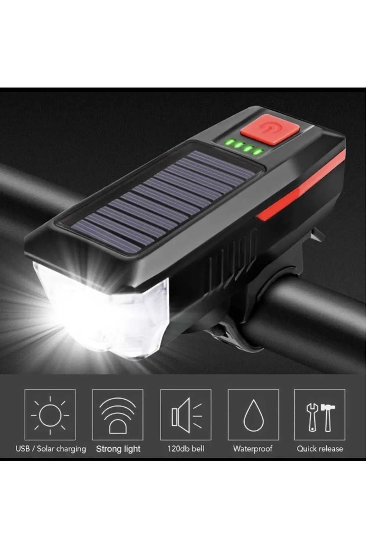 Güneş Enerjili Usb Şarjlı Bisiklet Lambası Solar Fener Ön Far Işık Aydınlatma Kornalı