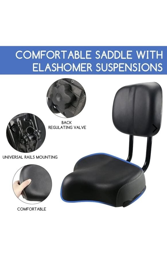 Sırt Destekli Bisiklet Selesi Koltuğu Arkalıklı Ayarlamalı Geniş Elektrikli Bisiklet Koltuk Siyah