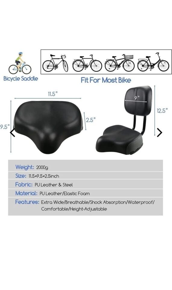 Sırt Destekli Bisiklet Selesi Koltuğu Arkalıklı Ayarlamalı Geniş Elektrikli Bisiklet Koltuk Siyah