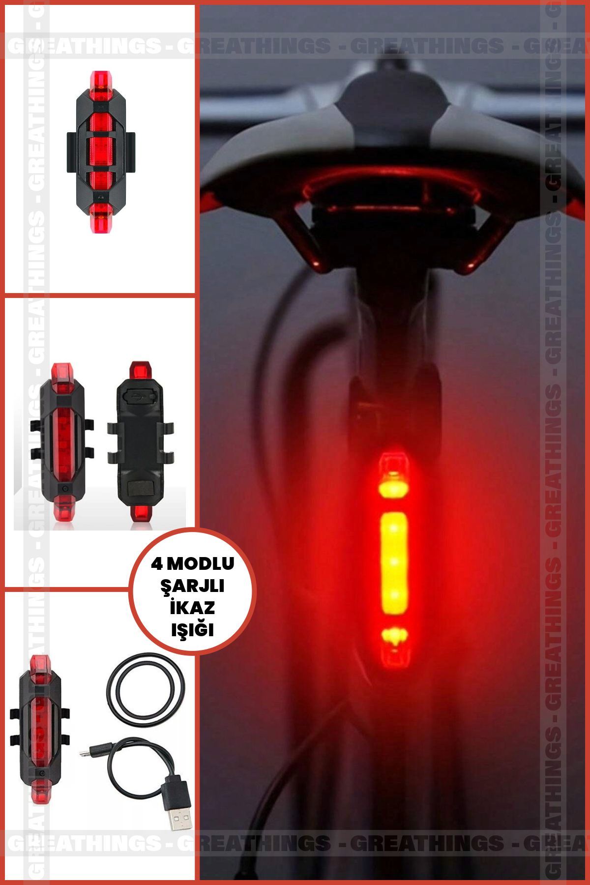 Usb Şarjlı Fonksiyonel Bisiklet Scooter Arka İkaz ışığı 4 Modlu Su Geçirmez Lamba