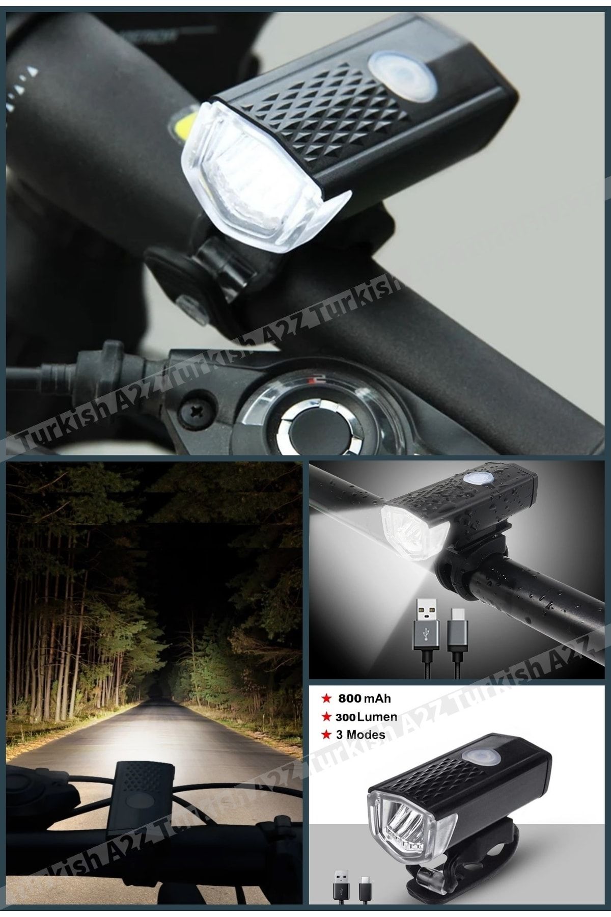 Usb Sarjlı 300 Lümen 800mah 3 Modlu Su Geçirmez Bisiklet Scooter Ön Far Işık Lamba