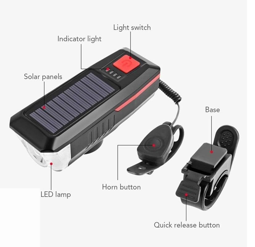 Bisiklet Solar Korna Işık 3 Mod 120 Desibel 350 Lümen Bisiklet Işığı Bisiklet Kornası 2in1