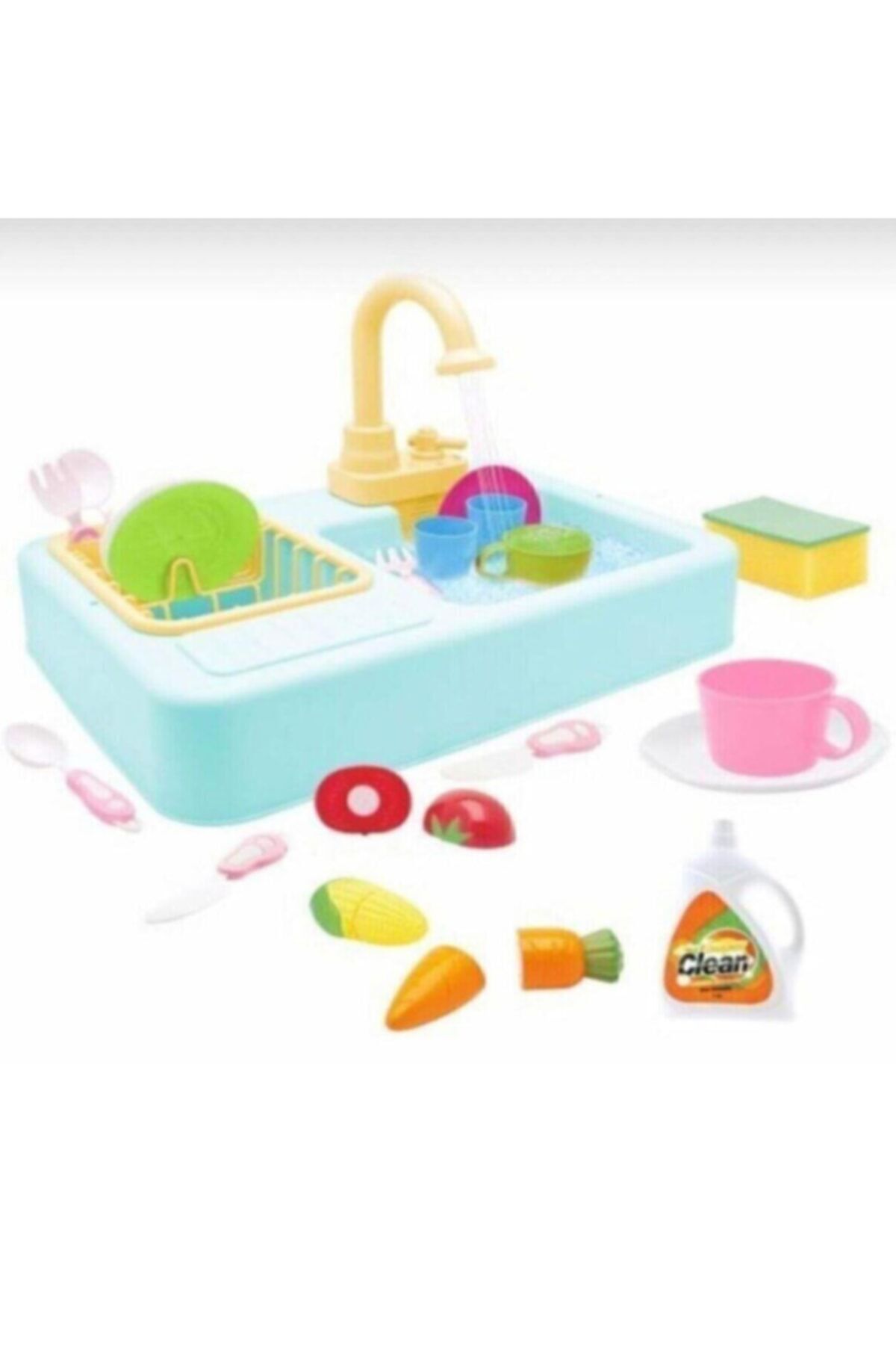 Kayyum Oyuncak Modern Çeşmeli Lavabo Seti Mavi Pilli Mutfak Oyuncak Seti