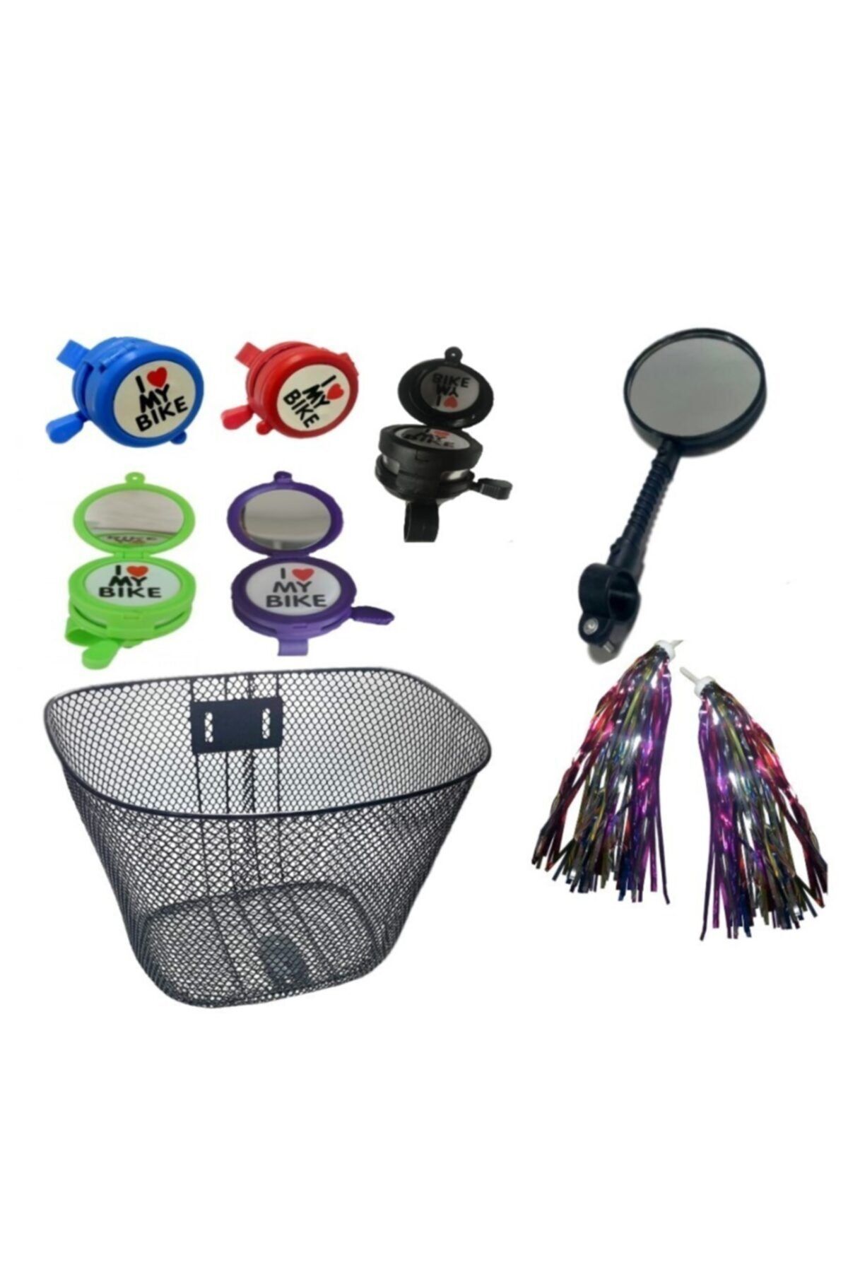 Bisiklet Aksesuar Siyah Sepet Aynalı Zil Püskül Tekli Ayna