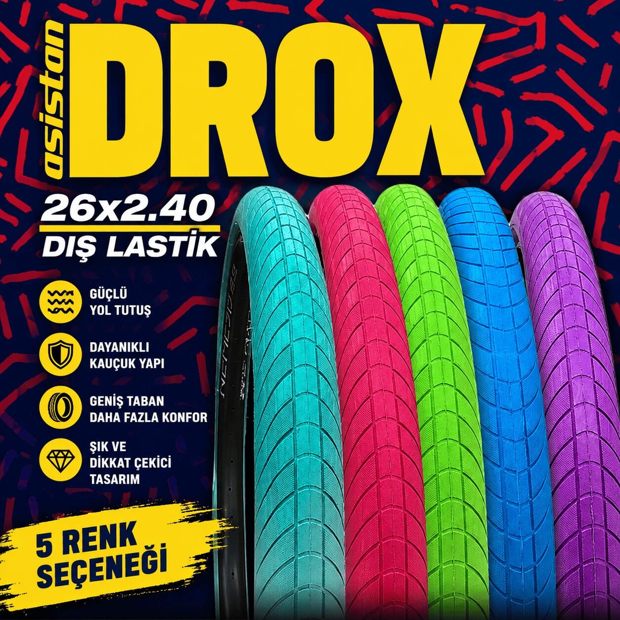 Asistan Drox DJ26S 26x2.40 Renkli Bisiklet Dış Lastik | Mavi, Kırmızı, Yeşil ve Mor | BMX, Dirt Jump & MTB