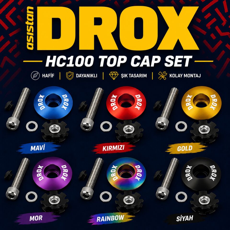 Asistan Drox HC100 Top Cap Set | Mavi, Kırmızı, Sarı ve Mor | Alüminyum Gidon Boğazı Üst Kapak Seti