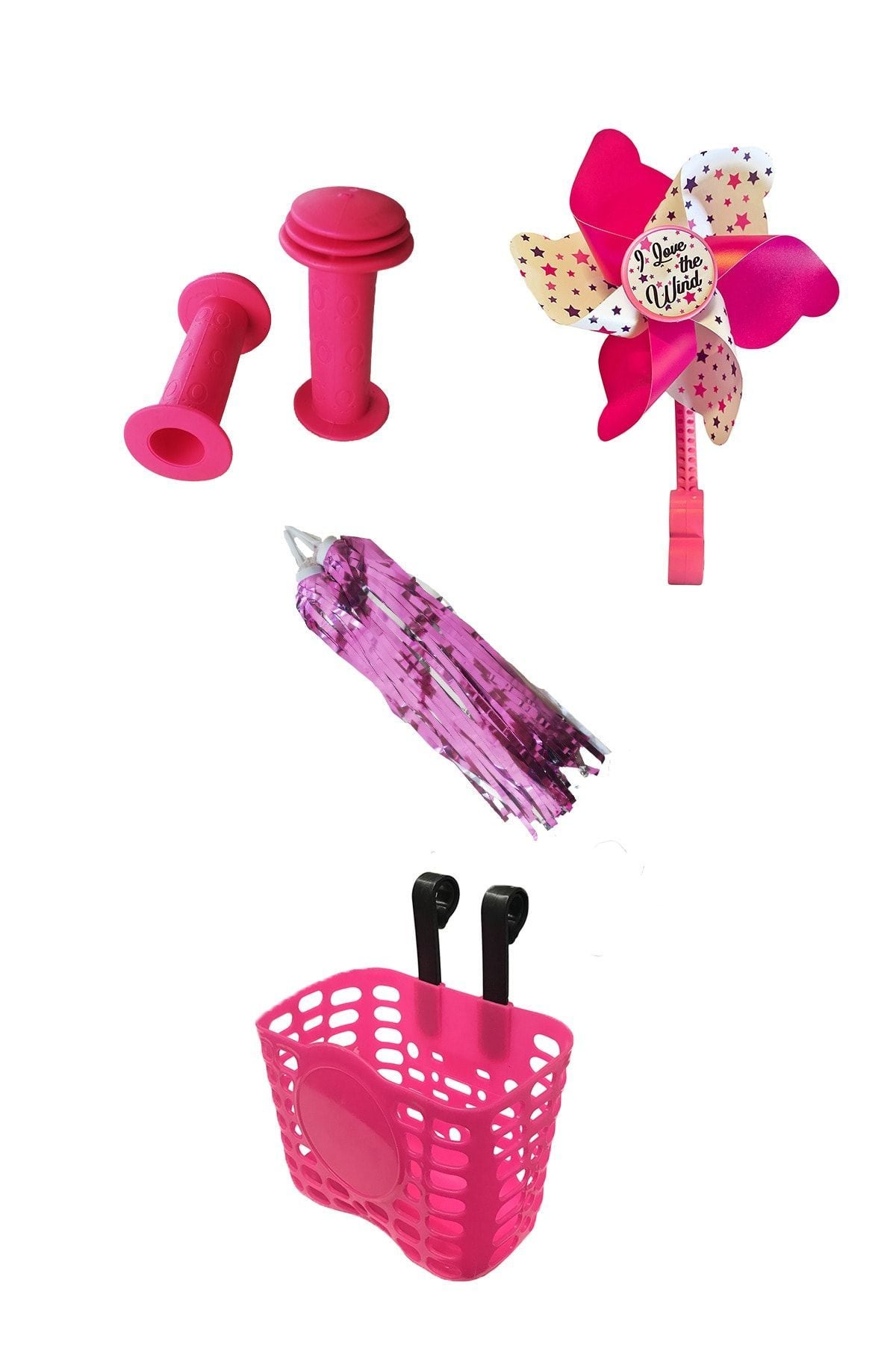 Çocuk Bisikleti Aksesuar Seti Pembe-kırmızı, Rüzgar Gülü (kırmızı) + Elcik + Sepet + Püskül