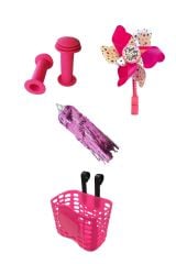 Çocuk Bisikleti Aksesuar Seti Pembe-kırmızı, Rüzgar Gülü (kırmızı) + Elcik + Sepet + Püskül